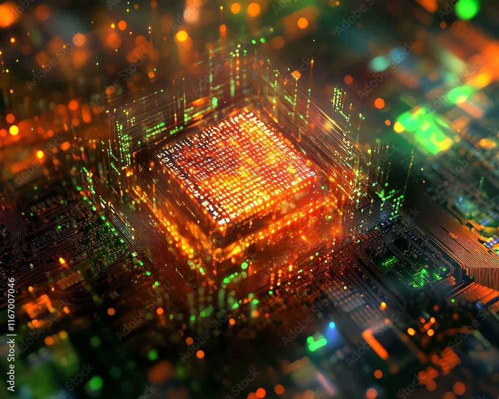 Poster 3d illustration of a circuit board with futuristic server code, immersed in an abstract tech backdro
