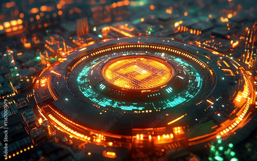 Poster 3d illustration of a dynamic circuit board with futuristic server code processing, set against an ab