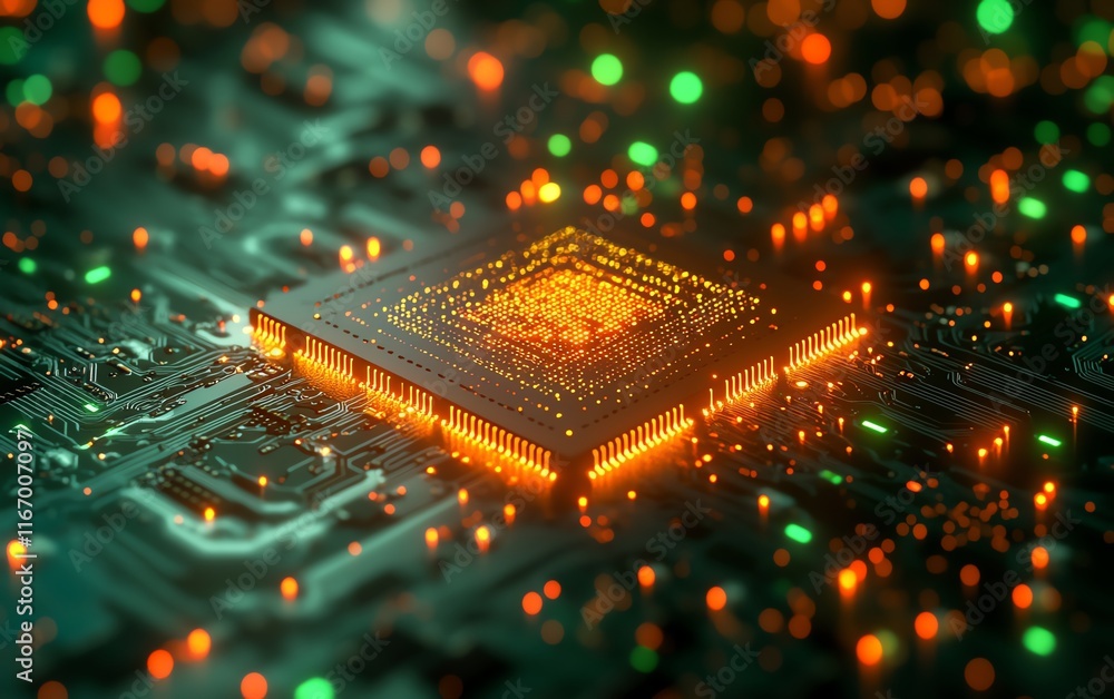 Poster 3d illustration of a dynamic circuit board with futuristic server code processing, set against an ab