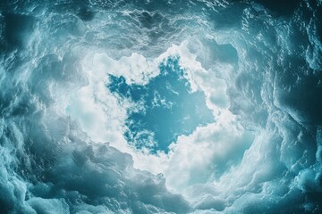 Fototapeta premium A panoramic view of an ice cave, with the sky visible through its entrance, showcasing intricate patterns and textures in shades of blue and white. The photograph captures the vastness of nature's