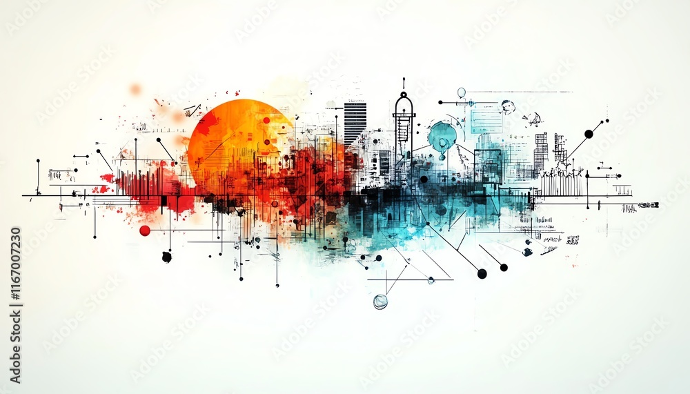 Poster abstract design showcasing a complex education sketch, incorporating elements of modern technology a