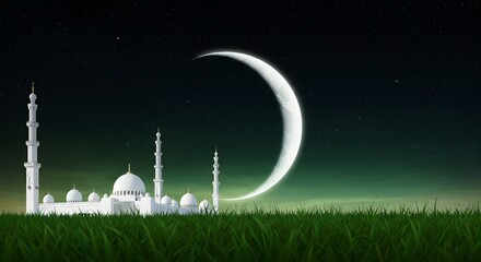 Minimalistic art of an Islamic city skyline featuring a crescent moon and star, symbolizing cultural heritage and celebration, great for event graphics and cultural promotion