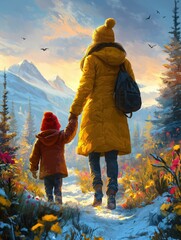 Heartwarming cartoon-style illustration of a mother and child enjoying a scenic walk in the mountains during sunset