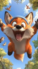 Lively cartoon-style fox with sporty headbands jumps joyfully in a vibrant forest setting filled with birds