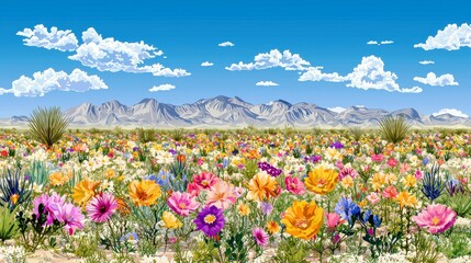 Obraz premium Vibrant Wildflower Meadow Under Clear Blue Sky with Mountain Range in Background, A Splash of Color in Nature's Bounty Capturing Serene Beauty