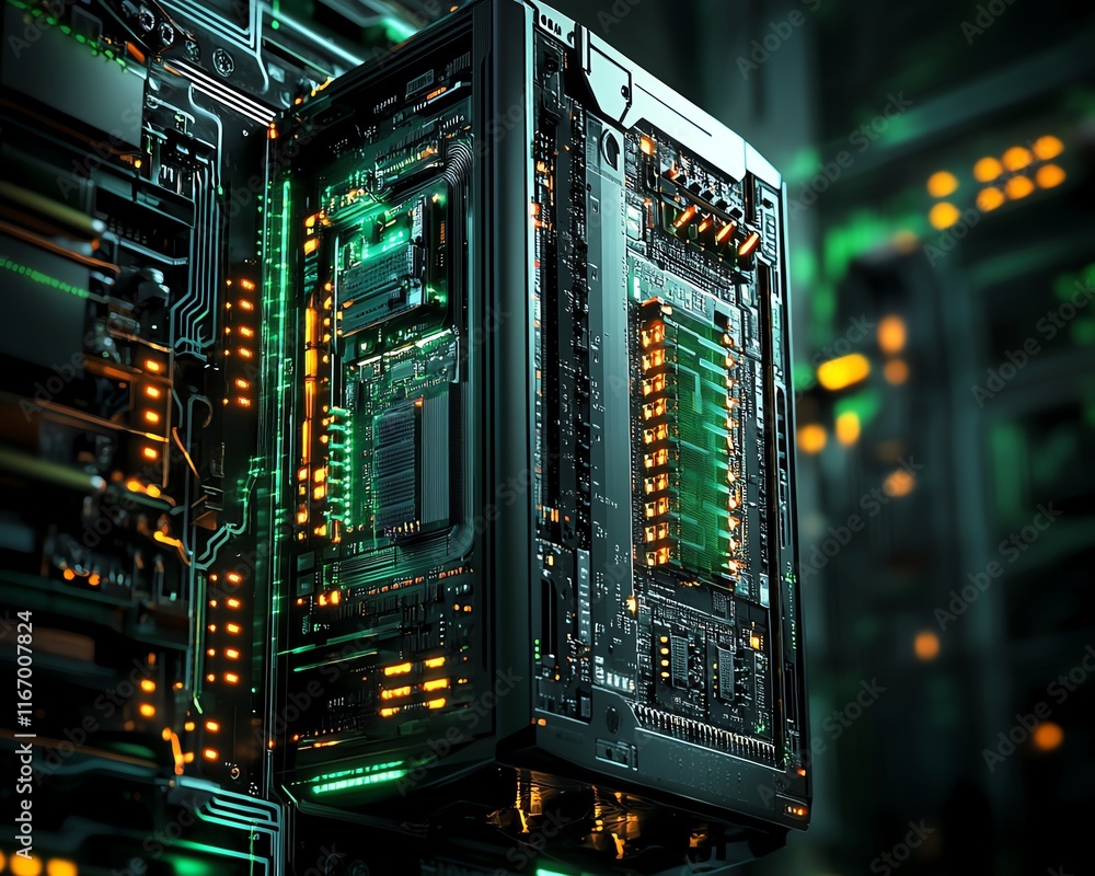 Poster advanced 3d render of a futuristic server, with intricate printed circuit board details, set in a dy