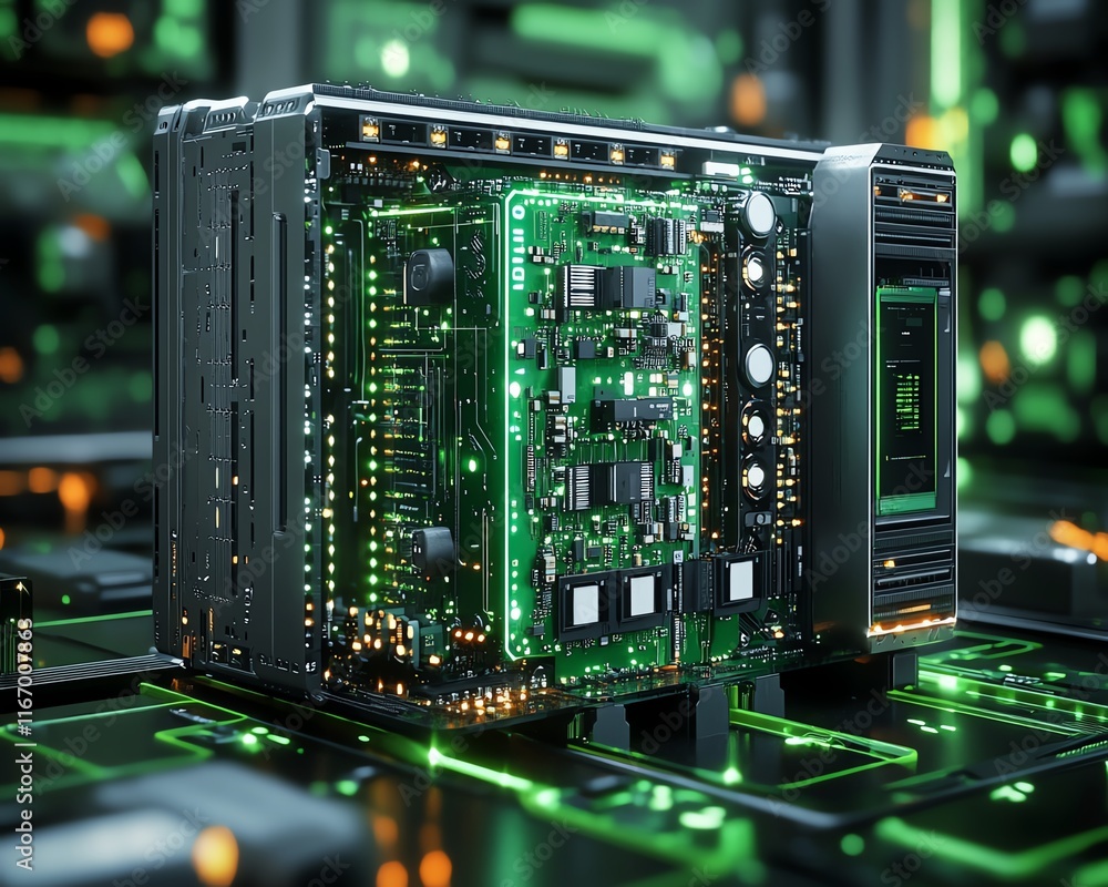 Aufkleber advanced 3d render of a futuristic server, with intricate printed circuit board details, set in a dy