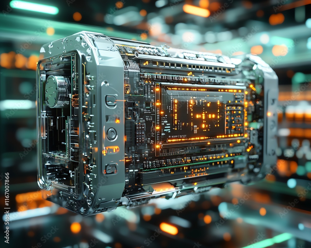 Poster advanced 3d render of a futuristic server, with intricate printed circuit board details, set in a dy