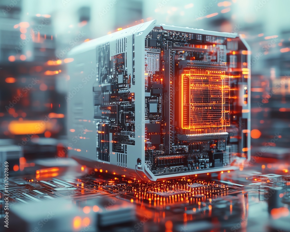 Poster advanced 3d render of a futuristic server, with intricate printed circuit board details, set in a dy