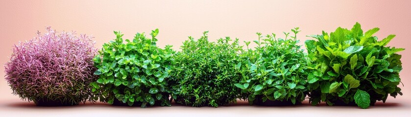 Obraz premium Fresh and Vibrant Collection of Herbal Plants Displayed on a Soft Pink Background for Culinary and Gardening Inspiration