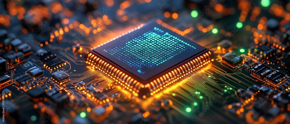Aufkleber futuristic 3d circuit board illustration, with server code processing, surrounded by an abstract tec