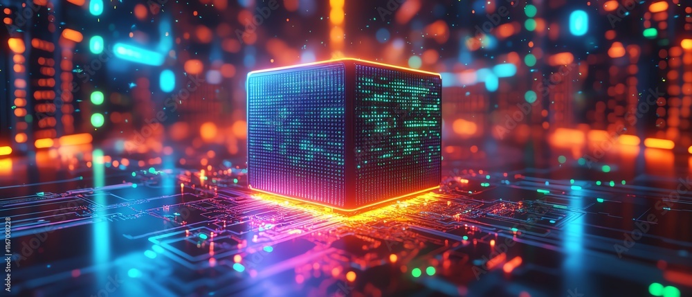 Poster futuristic 3d circuit board illustration, with server code processing, surrounded by an abstract tec