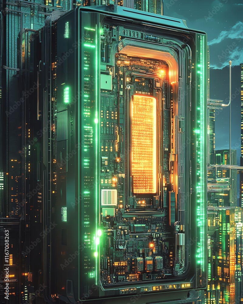 Poster futuristic 3d illustration of a server with a printed circuit board, set against an abstract technol