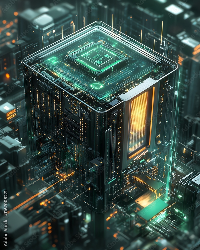 Poster futuristic 3d illustration of a server with a printed circuit board, set against an abstract technol