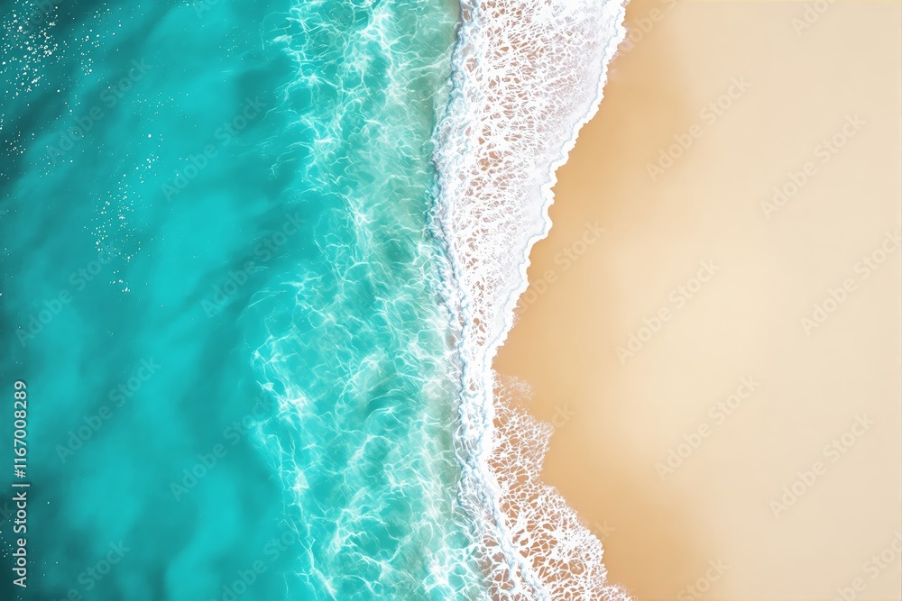 Poster aerial view of turquoise ocean waves crashing onto a golden sandy beach, with white foam creating a 