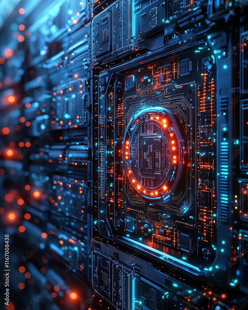 Poster hightech 3d illustration of a futuristic server with a printed circuit board, exuding innovation and