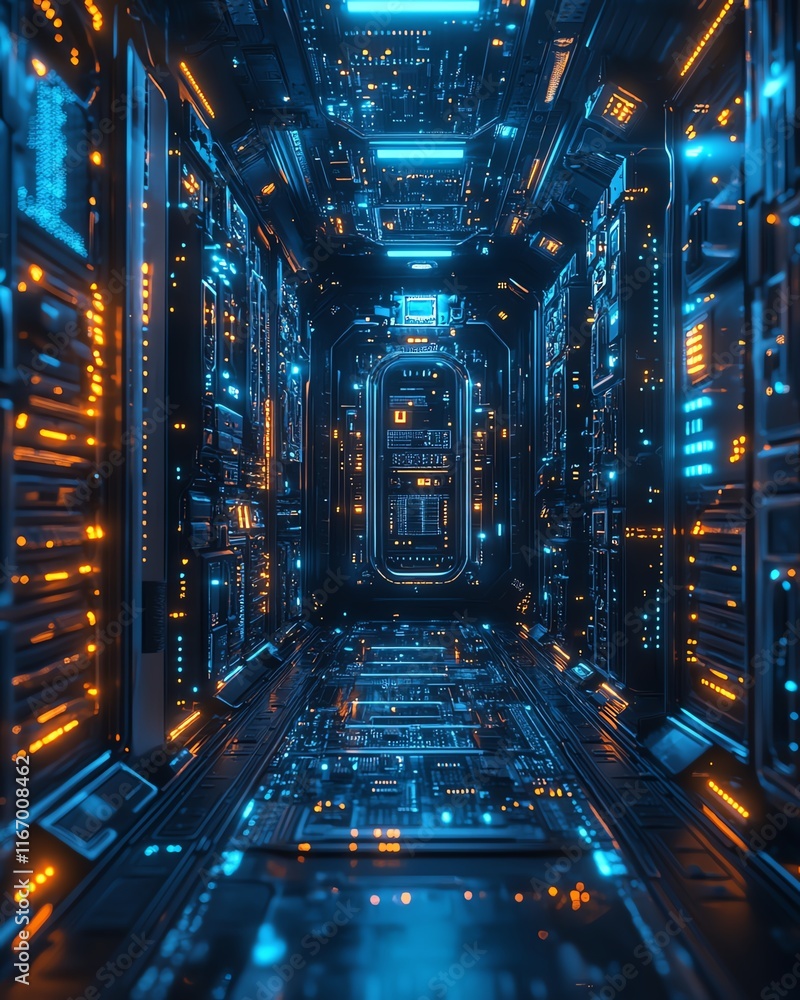 Poster hightech 3d illustration of a futuristic server with a printed circuit board, exuding innovation and