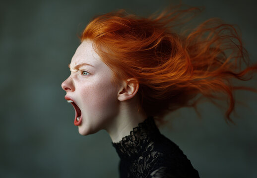 A young woman with striking red hair is captured mid-shout, her expression conveying strong emotion. The dark background adds to the dramatic effect of the moment.