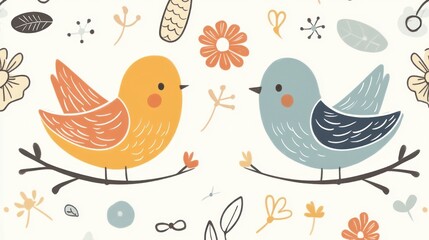 Two cute birds perched on a branch surrounded by flowers and leaves.