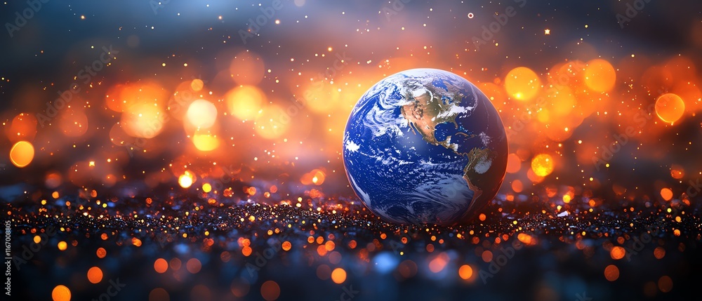 Poster planet earth set against a backdrop of blurred city lights, creating a mesmerizing abstract visual s