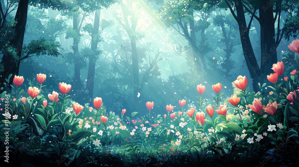 Poster enchanting forest glade with colorful blooms and sunlight streaming through lush green trees in a se
