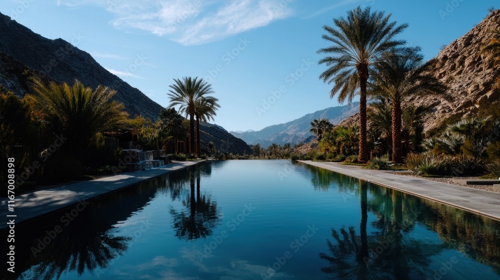 Poster a pool with palm trees in the background