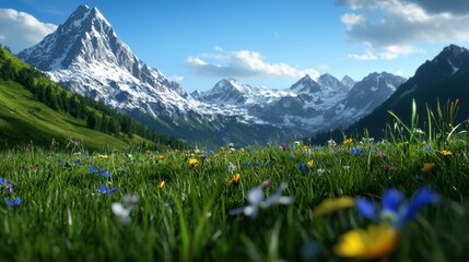 A beautiful mountain landscape with a field of flowers in the foreground