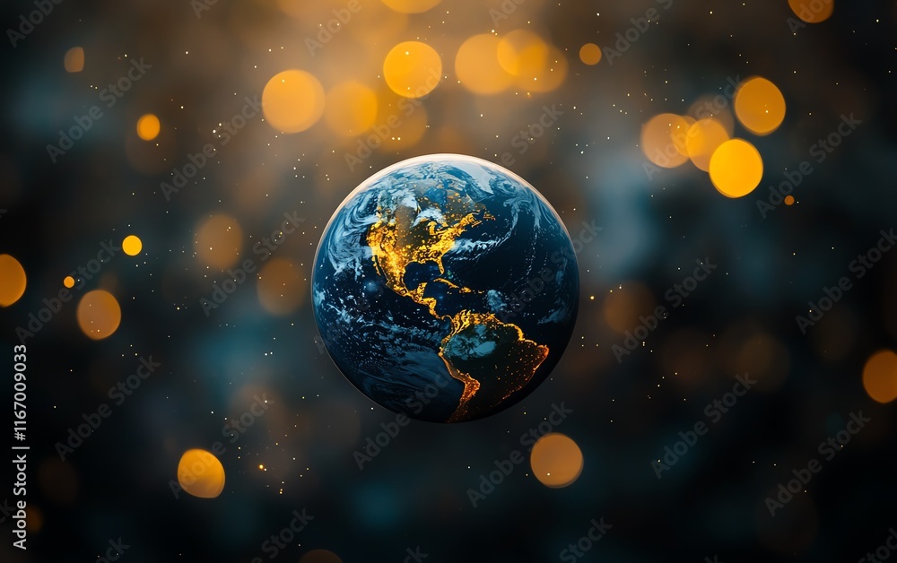 Poster planet earth in an abstract tech background, surrounded by blurred city lights, creating a futuristi