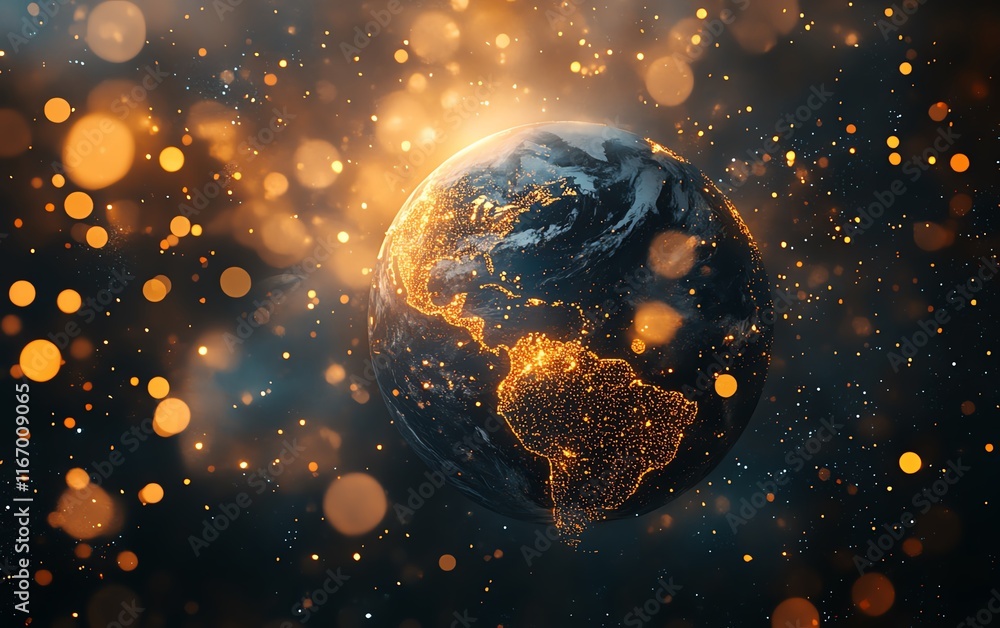 Poster planet earth in an abstract tech background, surrounded by blurred city lights, creating a futuristi