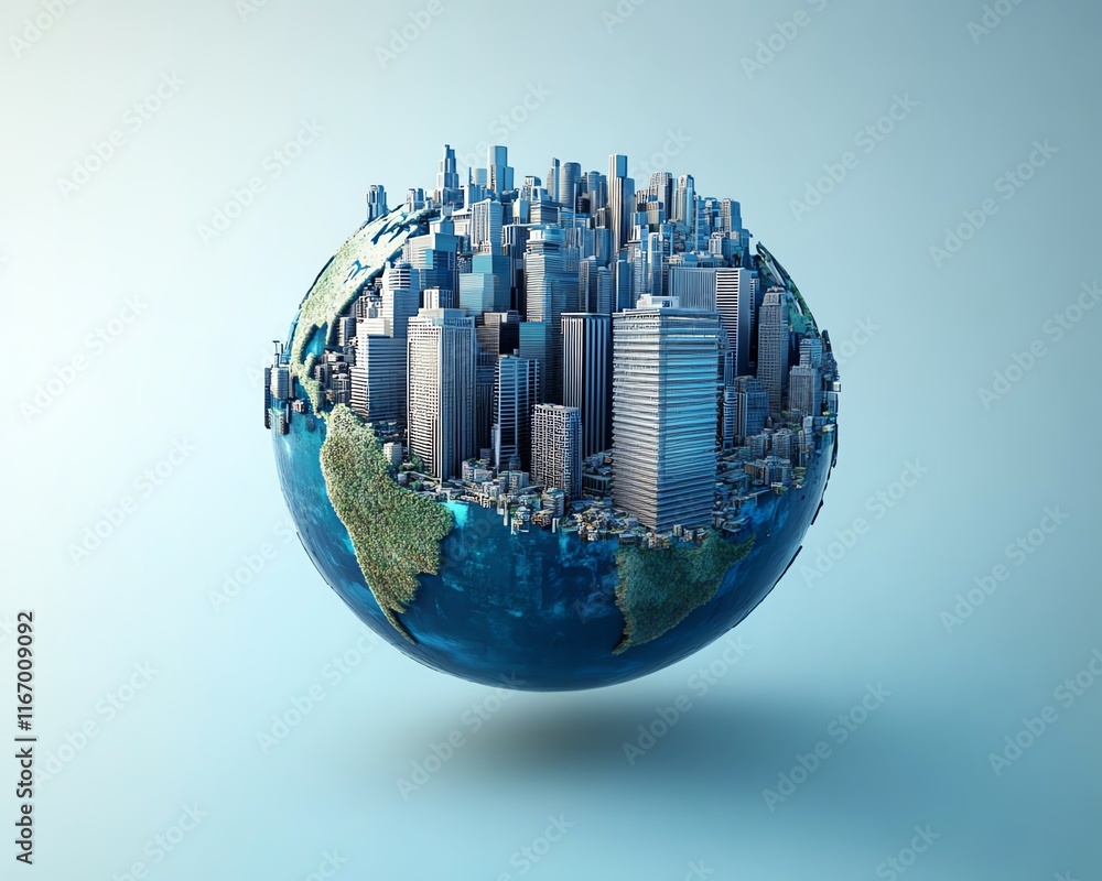 Poster striking abstract globe representing the global business network, intertwined with modern city infra