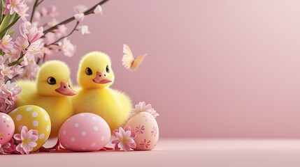 Fluffy yellow cartoon-style ducklings surrounded by colorful eggs and flowers in a cheerful spring setting