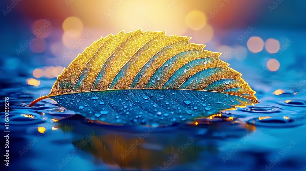 Poster close-up of a vibrant leaf with dew drops on wet surface under soft light with bokeh effect in the b