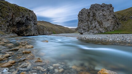 Serene river flowing through rocky canyon at dawn.