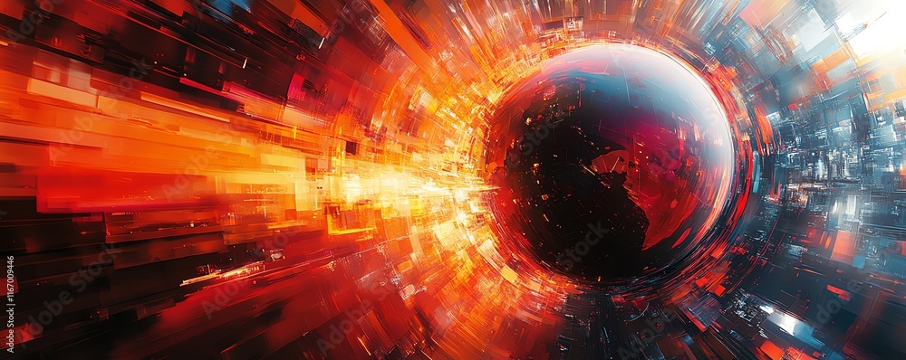Poster visually striking abstract design of a dynamic globe representing global business, surrounded by mod