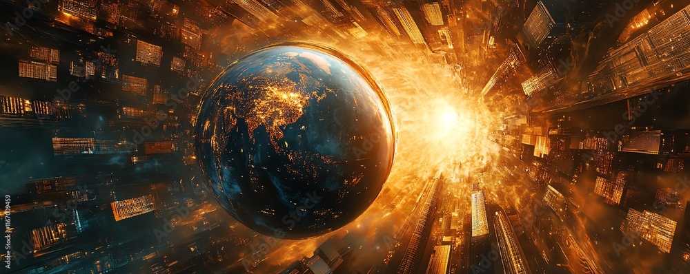 Poster visually striking abstract design of a dynamic globe representing global business, surrounded by mod