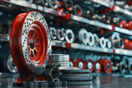 3d render of car parts collection in auto parts store featuring oversized red caliper and equipment