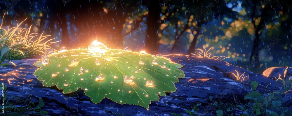 Poster dew drops on large green leaf under soft rain light with glimmering reflections in serene forest set