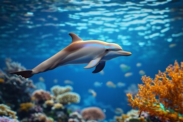 Fototapeta premium Captivating Underwater Utopia Vibrant Seascape with Iridescent Fish and Graceful Dolphins