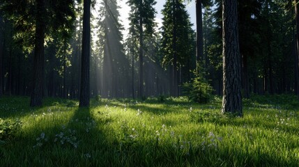 Obraz premium A forest with a lot of trees and grass