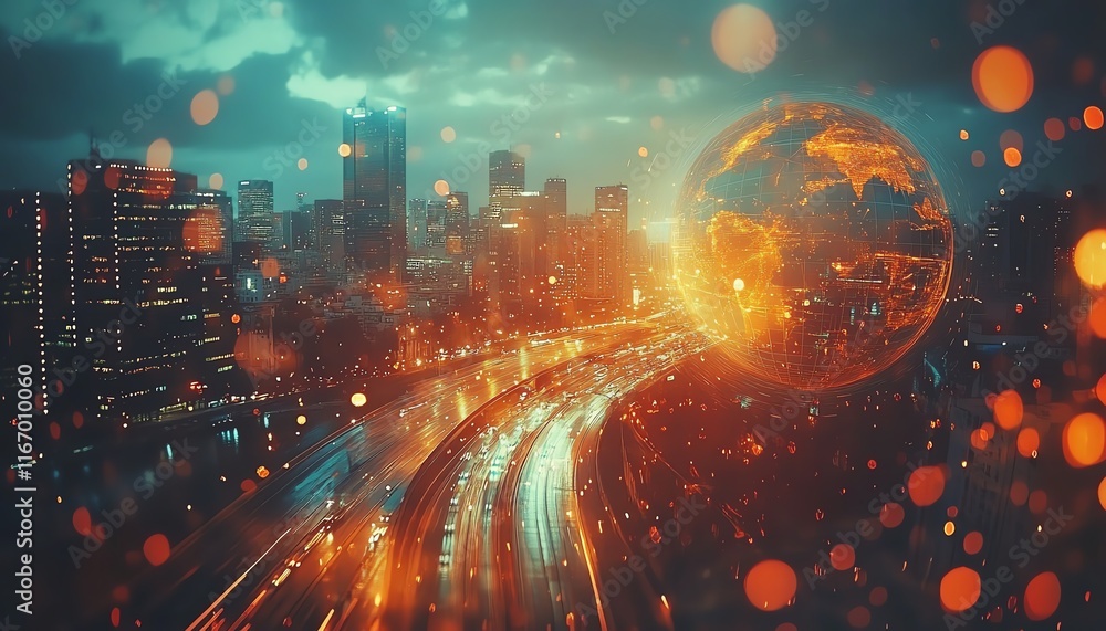 Poster abstract technology background featuring a dynamic globe symbolizing global business, with modern ci