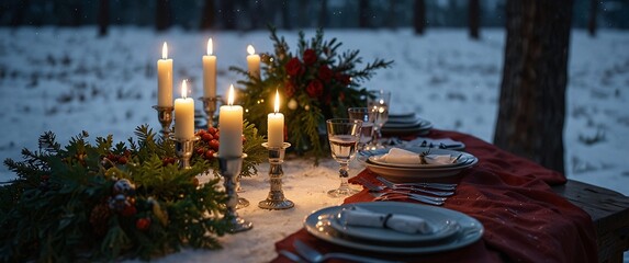 Winter Wonderland Feast:  An enchanting table setting for a festive winter gathering, with flickering candlelight illuminating a rustic wooden table adorned with snow-covered branches, red accents.