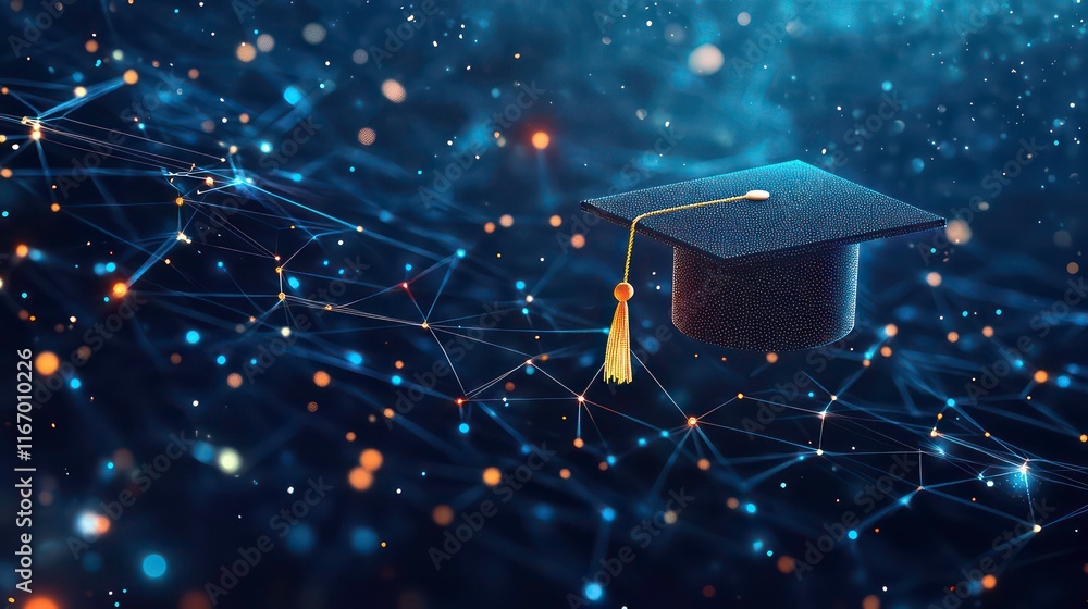 Poster digital banner of an illuminated graduation cap floating above a network grid, symbolizing the entra
