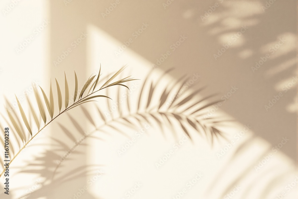 Poster palm leaf with delicate shadow play on beige background, creating calming and minimal aesthetic. con
