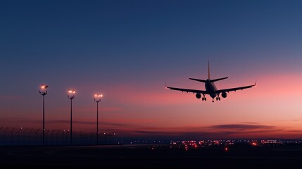 A plane is flying over a runway at night