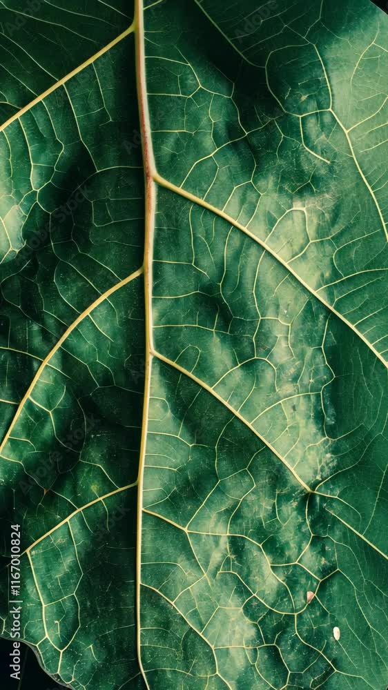 Poster Close-up view of a large green leaf showcasing intricate vein patterns and textures in natural light