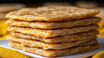 Stack of golden-brown flatbreads on a white plate.