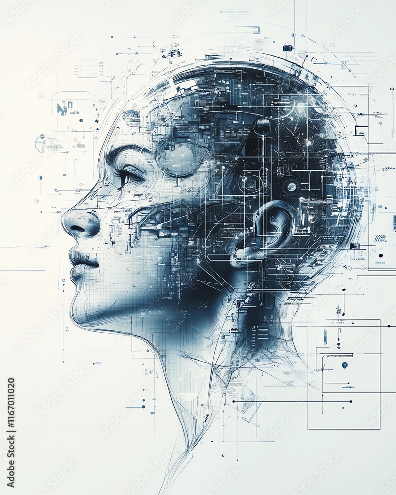 Poster futuristic abstract background featuring a detailed education sketch, blending modern technology and