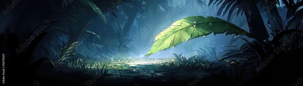 Aufkleber ethereal rainforest scene with a large leaf and soft mist in a lush green environment illuminated by