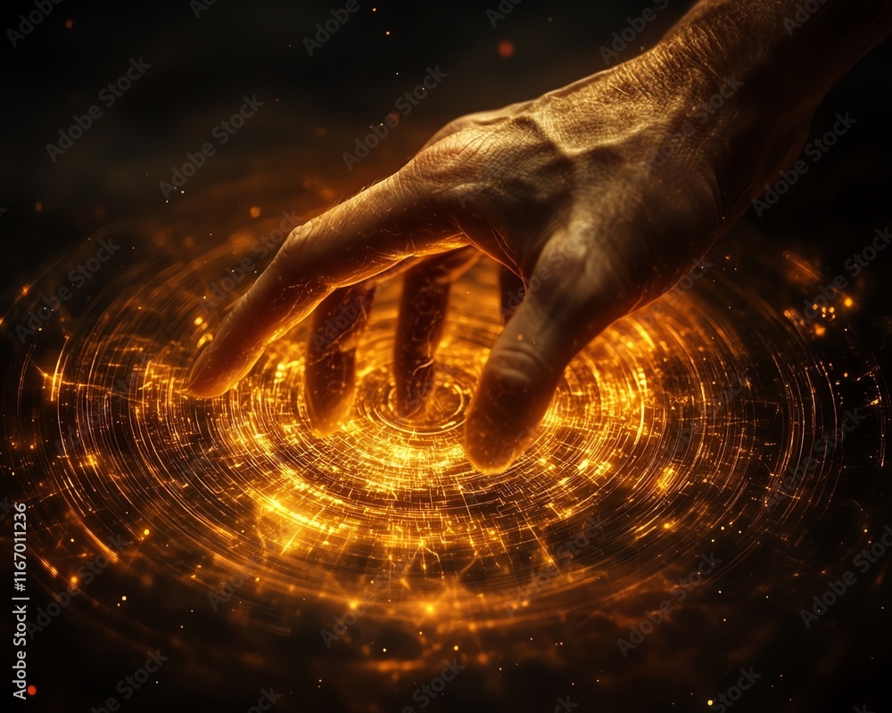 Poster futuristic abstract scene with a hand engaging with a network of interlinked circles