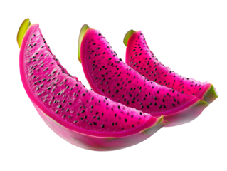 3 sliced dragon fruit pieces cut isolated in transparent background, cutout png
